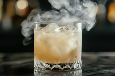 Smoking cocktail glass filled with ice and alcoholic beverage on bar counterの素材