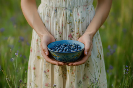 Woman holding bowl of freshly picked blueberries in summer fieldの素材