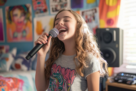 Young girl singing with microphone in bedroom studioの素材