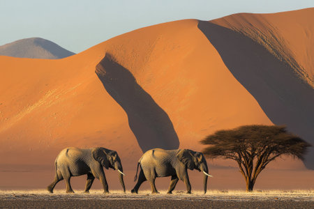 Two elephants walking in namib desert at sunrise with orange sand dunesの素材
