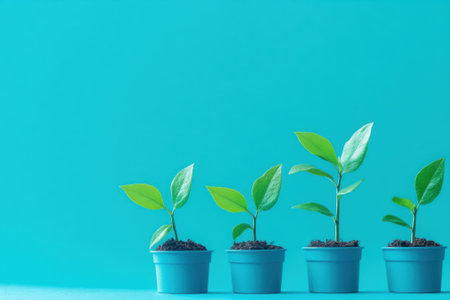 Four growing plants symbolizing increasing business success on blue backgroundの素材
