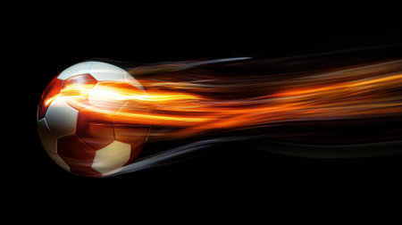 Flaming soccer ball flying through the air on black backgroundの素材