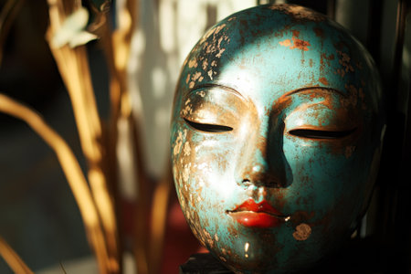 Antique teal and gold painted mask expressing serenityの素材