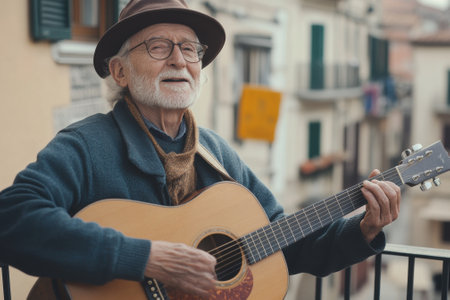 Senior musician playing acoustic guitar on balcony in european townの素材