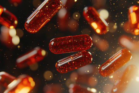 Red and orange glittering pharmaceutical drug capsules falling on a dark backgroundの素材