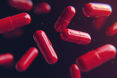 Red pills falling on dark background, healthcare and medicine conceptの素材