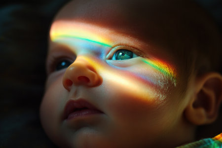 Close up portrait of newborn baby with prism rainbow light on faceの素材