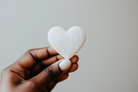 Hand holding white heart on light background symbolizing love and careの素材