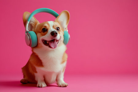 Cute corgi dog listening music with headphones on pink backgroundの素材