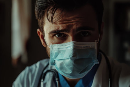 Portrait of tired young doctor wearing protective face maskの素材