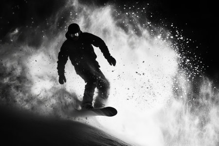 Snowboarder doing a trick and splashing snow on a slopeの素材