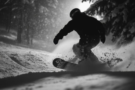 Snowboarder riding down snowy slope at nightの素材
