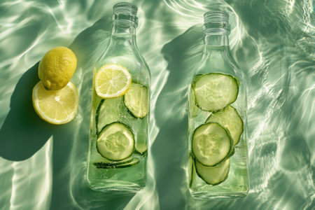 Cucumber and lemon detox water in glass bottles refreshing summer drinkの素材