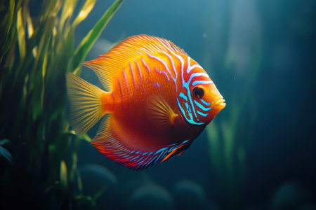 Vibrant discus fish swimming in freshwater aquariumの素材