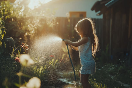 Little girl watering plants in backyard garden at sunsetの素材