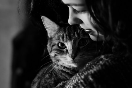 Young woman embracing and showing affection to her lovely catの素材
