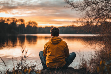 Man practicing yoga and enjoying the sunset over a lakeの素材