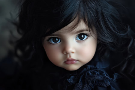 Portrait of adorable baby girl with big dark eyes and long black hairの素材