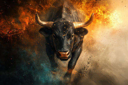 Bull market charging through fire and smoke symbolizing financial growthの素材