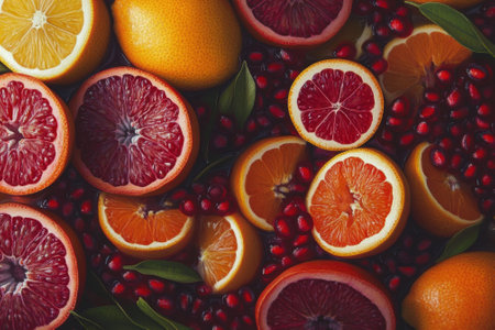 Sliced citrus fruits and pomegranate seeds creating vibrant and refreshing patternの素材