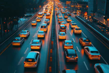 Traffic jam on highway at dusk, transportation industry challengesの素材