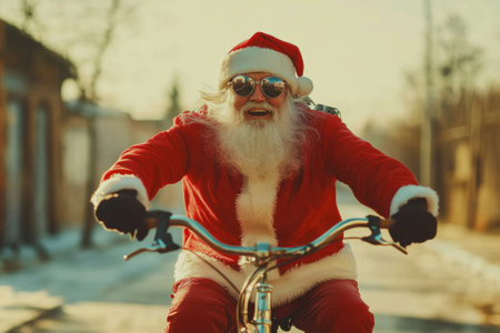 Santa claus wearing sunglasses riding bicycle on christmas dayの素材