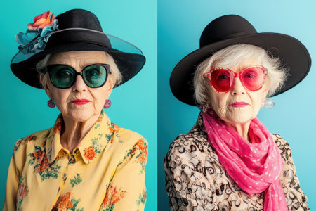 Stylish senior woman posing with different hats and sunglassesの素材