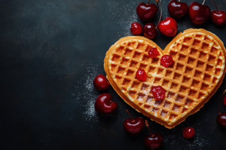 Heart shaped waffle with cherries and icing sugar creating romantic breakfast sceneの素材