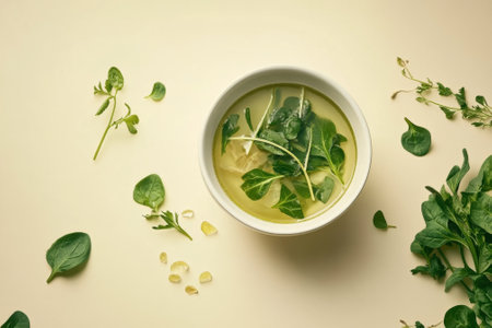 Spinach soup with fresh spinach leaves and broth in a bowl garnished with greensの素材