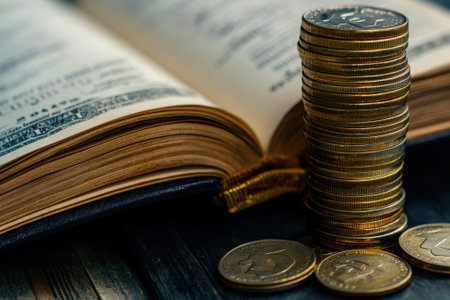 Stack of coins representing savings and investment near an open bookの素材