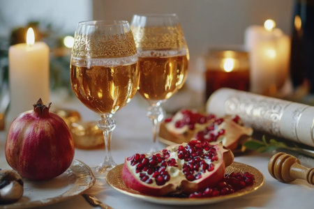 Celebrating rosh hashanah with festive food, wine, and candlelightの素材