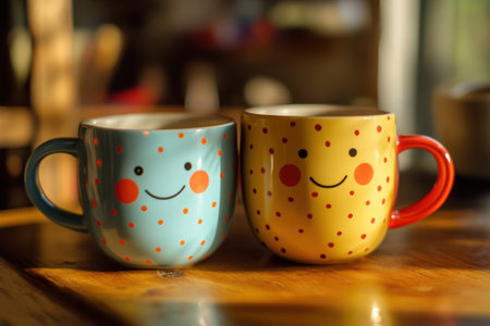 Two cute smiling mugs sitting on wooden table enjoying morning sunlightの素材