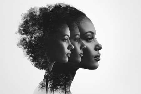 Multiple exposure of three young women merging with a forestの素材