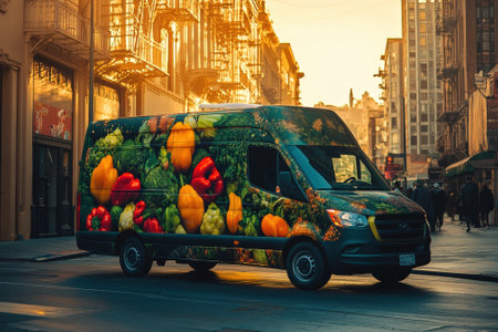 Delivery van adorned with colorful vegetables promoting healthy food in the cityの素材