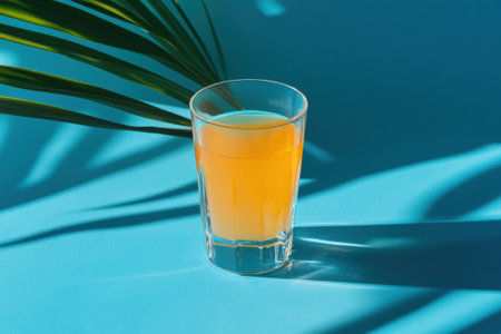 Refreshing tropical orange juice with palm leaf shadow on vibrant blue backgroundの素材