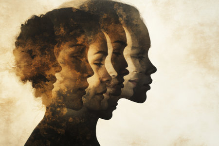 Multiple exposure of young women creating a diversity conceptの素材