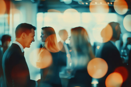 Business people networking and having conversation in blurred office partyの素材