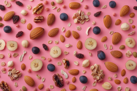 Sliced kiwi, grapes, walnuts, almonds and rolled oats creating a vibrant pink backgroundの素材