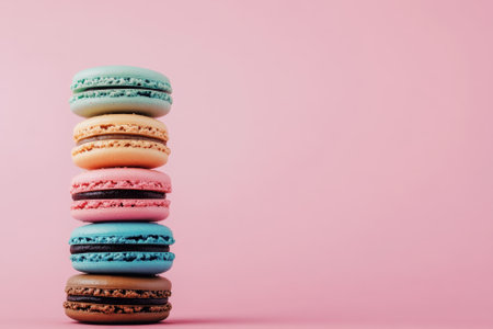 Colorful macarons stacked on pink background creating delightful contrastの素材