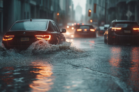 Cars driving on flooded street during heavy rain in cityの素材