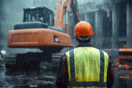 Construction worker wearing high visibility vest supervising excavator in rainの素材