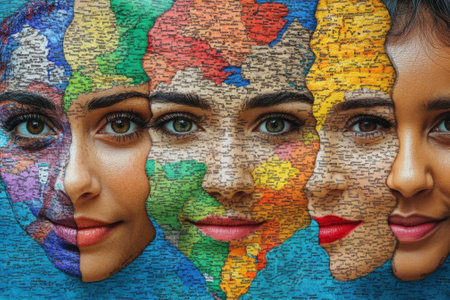 Women faces merging with colorful world map promoting cultural intelligenceの素材