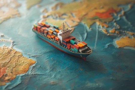 Cargo ship delivering goods across international waters on world mapの素材