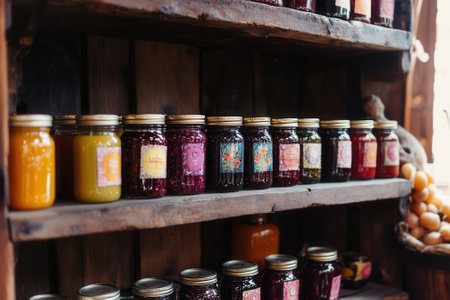 Colorful preserved food displayed on rustic wooden shelvesの素材