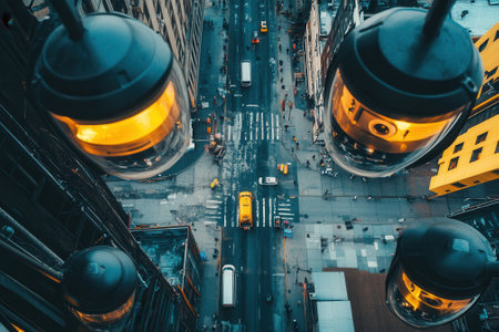 Security cameras monitoring city street with buses and yellow cabs from aboveの素材
