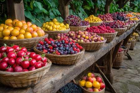 Fresh fruits and berries displayed on rustic wooden shelves at farmers marketの素材