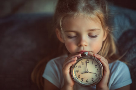 Young girl setting an alarm clock for her child routineの素材