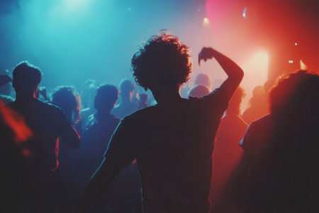 Young people dancing and enjoying nightlife in crowded clubの素材