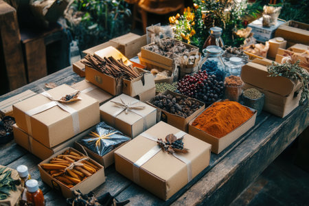 Christmas season spices and gift boxes displayed on rustic tableの素材