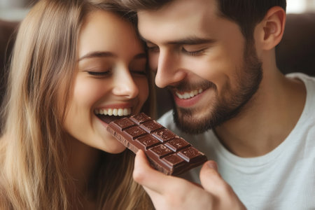 Happy couple sharing and eating chocolate bar togetherの素材